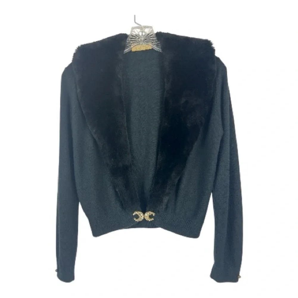 Vintage Sz S/M Black Sweater Cardigan Faux Fur Trim Rhiinestone Closure